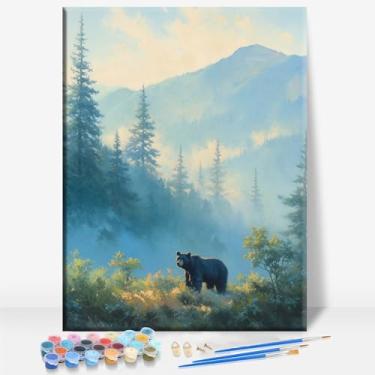 Imagem de HUINORYA Black Bear Alaska Tela emoldurada DIY Kit de pintura por números bar café caverna sala de casa parede banheiro varanda pátio decoração presente, 40,6 x 30,5 cm