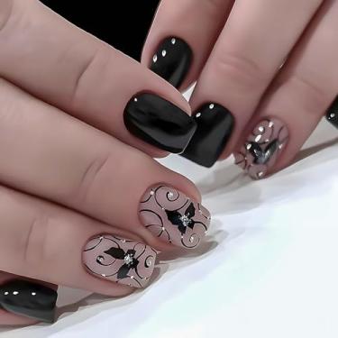 Imagem de Dark Black Press on Nails Short Square False Nails Black Acrylic Stick on Nails Full Cover Gel Nail Kit for Womens 24pcs