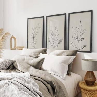 Imagem de Impressão de pôster botânico de uma linha 3 peças arte de parede minimalista linha de folha pintura em tela emoldurada para sala de estar decoração de apartamento com moldura interna