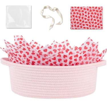 Imagem de OIAHOMY Cesta de presente com alça, cesta de tecido de dia dos namorados com saco de presente, fita e papel de embrulho, caixas de berçário vazias para encher com itens pequenos, organizador de