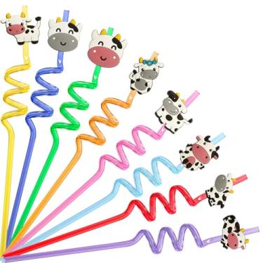 Imagem de NIEITRK 8 canudos divertidos com tema de vaca manchada, canudos de festa de fazenda para decorações de aniversário, sacos de brindes, suprimentos com tema de animais