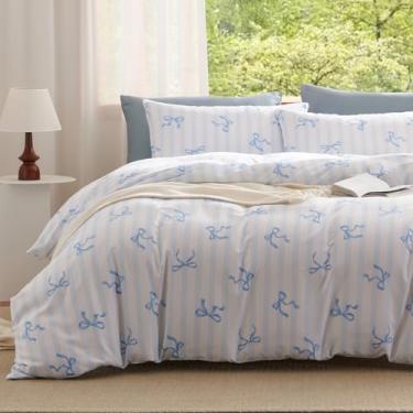 Imagem de Erwinmu Conjunto de edredom para meninas, tamanho casal, 3 peças, gravata borboleta azul, estampa listrada de volta às aulas, para meninas e crianças, edredom macio e aconchegante de microfibra e 2