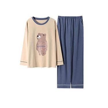 Imagem de HHHJQFAAT Pijama feminino de outono e inverno com desenho animado manga comprida pijama plus size (azul médio)