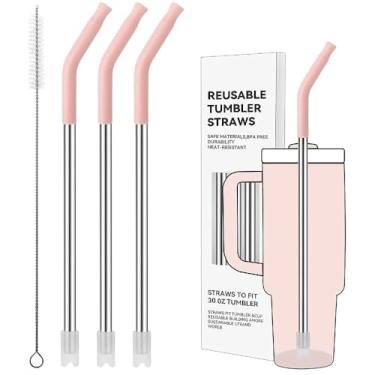 Imagem de Prurex Canudos de metal reutilizáveis com ponta de silicone para Stanley 850 g, canudos de aço inoxidável para copo de 850 g, 3 tubos retos e 6 pontas e 1 escova Cleanr (quartzo rosa)