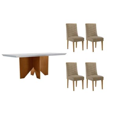 Imagem de Mesa Cozinha Nevada c/ Tampo Madeirado c/ Vidro Canto Curvo 120x80cm e 4 Cadeiras Maldivas Madeira Maciça Naturale/Off White - Capuccino/Linho Bege-Ru