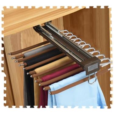 Imagem de Cabides de suporte para calças resistentes - Organizador de armário deslizante para calças, cachecóis e gravatas - Arara de roupas de aço durável em marrom (acabamento amortecido)