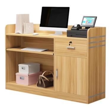 Imagem de Mesa de recepção de madeira com gavetas trancáveis e balcão de caixa de varejo para salão ou escritório - Mesa de recepção para recepção (natural, 120 cm)