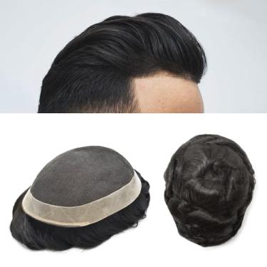Imagem de Peruca masculina peruca masculina sistema de cabelo de renda macia peruca respirável unidade de cabelo natural não processado cabelo humano europeu reaplacement peças para homens (17 x 23 cm, #1B OFF