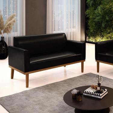 Imagem de Poltrona Namoradeira Decorativa Pés Fixo Em Madeira Castanho Pu Preto Brilho