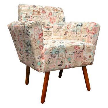 Imagem de Poltrona Dora Estampado Retrô Rosa D61 Pés Palito Castanho