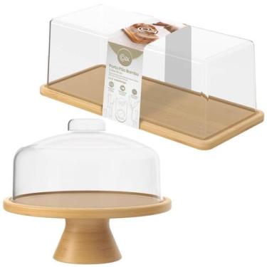 Imagem de Kit Porta Pão E Boleira Pedestal Bambu Com Tampa Coza Brisa Café da Ma
