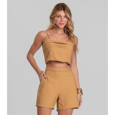 Imagem de Shorts Feminino Cós Alto Em Alfaiataria Dianna Marrom, G, Marrom