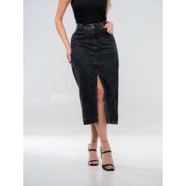 Imagem de Saia midi jeans preta cintura alta com fenda na frente com Bolso Premi