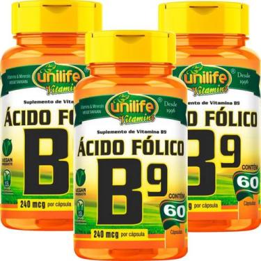 Imagem de Kit C/ 3 Un. Vitamina B9 Ácido Fólico 500mg 180 Caps Vegano - Unilife,