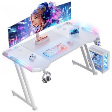 Imagem de Mesa Gamer 55 Polegadas HLDIRECT Branca com Luzes LED RGB, Superfície Fibra de Carbono, Suporte para Copo e Gancho para Fones, Modelo ZZWH14