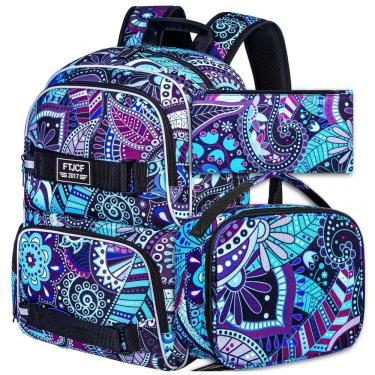 Imagem de Mochila AGSDON 3 em 1 roxa escura com estampa floral, para notebook 17", com lancheira e estojo