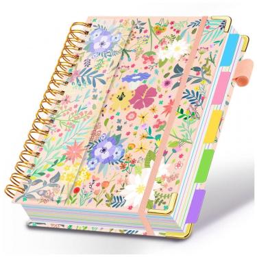 Imagem de Caderno universitário espiral HDhuiun 8x10, 5 matérias, 300 páginas pautadas, divisórias com bolsos e abas, capa floral bege