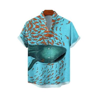 Imagem de Camisa Masculina Estilo Retrô Em Linho Respirável Com Estampa De Peixe