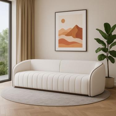 Imagem de Sofá Orgânico 250CM 2 Lugares Fixo 252CM Off White Estofado Liso em Bouclé Contemporâneo