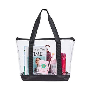 Imagem de Bolsa grande transparente, bolsa de mão feminina de PVC para o ombro em PVC, bolsa transparente para viagens de segurança, compras, esportes e trabalho, Preto, One_Size