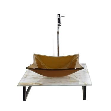 Imagem de KIT CUBA DE VIDRO QUADRADA 10MM COM TAMPO DE VIDRO 40CM X 40CM MÁRMORE BRANCO DOURADO E SUPORTE TORNEIRA VALVULA