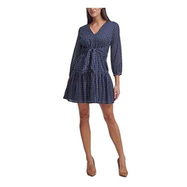 Imagem de Tommy Hilfiger Vestido feminino Petite de manga comprida com laço frontal, Céu capitão/marfim, 42