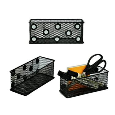 Imagem de Neu Deco Pacote com 3 cestas de malha de metal magnético, suporte de caneta magnética e chaveiro, conjunto organizador de armazenamento para geladeira e escritório, Preto, 6'*2.36'*2.36'