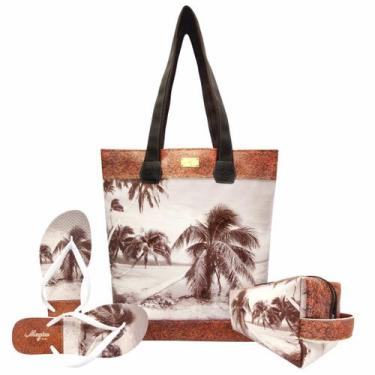 Imagem de Kit Praia Feminino Coqueiros Marrom Com Bolsa, Necessaire E Chinelo, M