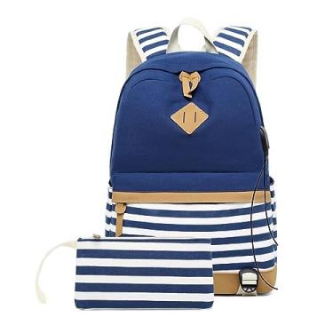 Imagem de Mochila Escolar Leve Resistente Saída Usb Masculino Feminino Bolsa Feminina Com Estojo Para Escola Passeio (Azul)