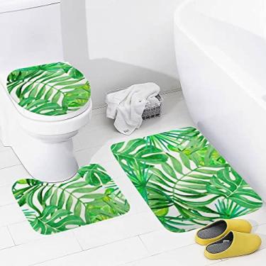 Imagem de Conjunto de 3 peças de tapetes de banheiro com folhas tropicais, pintura em aquarela, tapete antiderrapante, tapete de contorno e tampa para banheiro