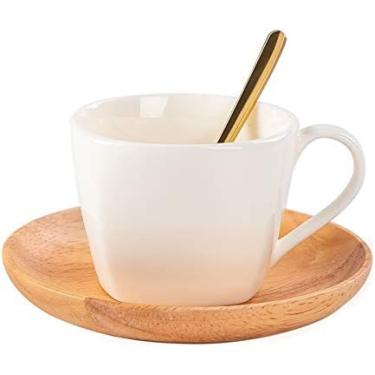 Imagem de Caneca 6.8 Oz Canecas De Café De Porcelana Branca Com Pires De Madeira E Colher Dourada Xícara De Cappuccino De Cerâmica, Xícara De Café Com Leite Para Chá E Café,Bonny369