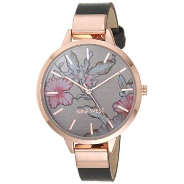 Imagem de Nine West Relógio feminino com mostrador floral e pulseira lisa, Cinza/ouro rosa, NW/2044FLGY