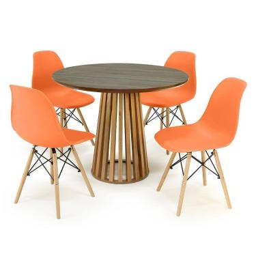 Imagem de Conjunto Mesa de Jantar Redonda Luana Amadeirada Natural 100cm com 4 Cadeiras Eames Eiffel - Laranja
