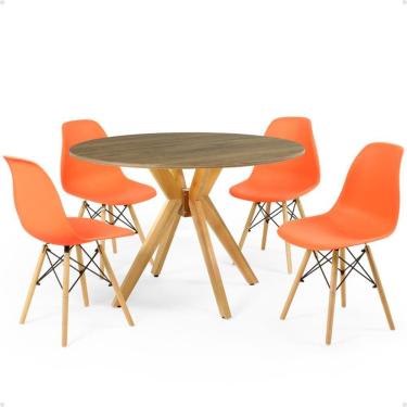 Imagem de Conjunto Mesa de Jantar Redonda Marci Natural 100cm com 4 Cadeiras Eames Eiffel - Laranja