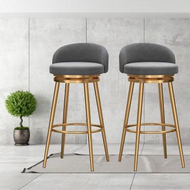 Imagem de Conjunto de bancos de bar com 2 cadeiras de bar giratórias com encosto de veludo para cozinha Banquetas de bar Cozinha Farmhouse Island Chairs, pernas de metal dourado, cinza escuro, 75 cm