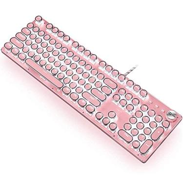Imagem de CC MALL Teclado para jogos, estilo máquina de escrever punk retrô, interruptores azuis, luz de fundo branca, com fio USB, para PC, laptop, desktop, teclas redondas elegantes, teclado mecânico (rosa)