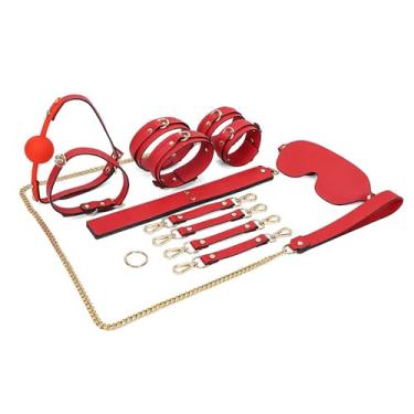 Imagem de Kit de bondage BDSM-7 unidades SM conjunto para sexo, algemas sexuais pulseiras de tornozelo e vendas de couro adulto conjunto de restrições de bondage com bolsa de armazenamento, brinquedos BDSM para sexo de casal (Red)