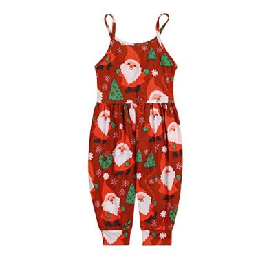 Imagem de Macacão infantil de Natal sem mangas com estampa de desenho animado com bolso para meninas (vermelho, 4-5 anos)