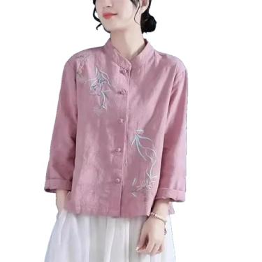 Imagem de Camisa de verão de algodão e linho bordada estilo chinês abotoada manga comprida gola alta blusa solta, rosa, PP