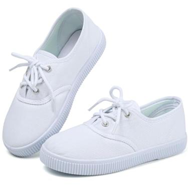 Imagem de Tênis infantil de lona branco para meninos e meninas, sem cadarço, leve, casual, adequado para a pele, tênis de corrida (bebês/crianças pequenas/crianças grandes), Branco (cadarço), 1 Big Kid