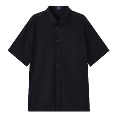 Imagem de LittleSpring Camisas masculinas de linho de manga curta com botões, Preto, XXG