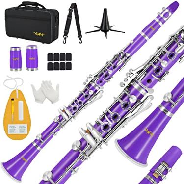 Imagem de Clarinete Bb para iniciantes estudantes B clarinete plano 17 teclas clarinete com capa alça de suporte 2 barris, 8 boquilha, almofada, luvas brancas, kit de limpeza (roxo)
