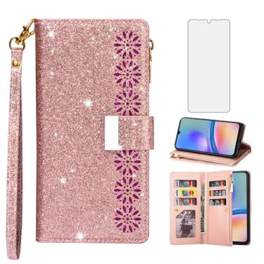 Imagem de Capa de telefone para Samsung Galaxy A05S capa carteira com protetor de tela de vidro temperado e alça de pulso de couro com glitter com zíper flip suporte para cartão de crédito Ao5s Ao5 A 05s 05