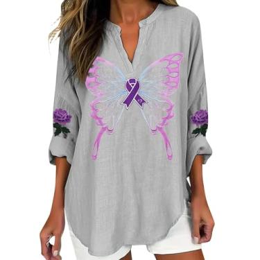 Imagem de Camiseta feminina de linho Alzheimers Awareness com bordado floral roxo de manga comprida, gola V, camiseta casual, Z016-cinza, G