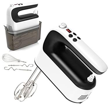 Imagem de Yomelo 9-Speed Digital Hand Mixer Electric, 400W Powerful DC Motor, Baking Mixer Handheld with Snap-On Storage Case, 5 Stainless Steel Accessories, Flat Beaters, Dough Hooks, Whisk (White & Black)