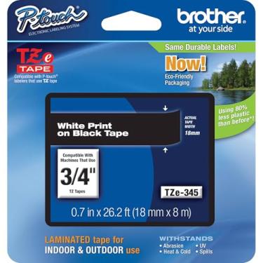 Imagem de Brother Fita P-Touch TZE-345 genuína, fita P-Touch laminada padrão de 0,7 mm, branca sobre preto, laminada para uso interno ou externo, resistente à água, 8 m, pacote único, TZE345