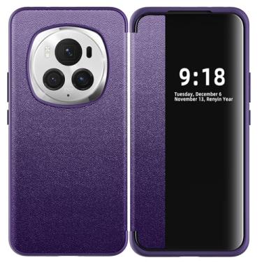 Imagem de LTLMYDAM Capa de couro para Honor Magic 6 Pro/6, capa fina flip view transparente para PC janela negócios capa protetora magnética para celular, roxa, 6Pro