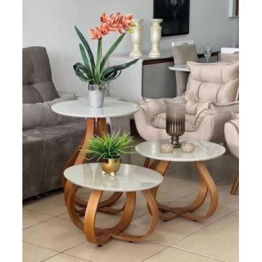 Imagem de Kit 3 Mesas Cebola Base Laminada Com Tampo De MDF Com Vidro Off White 