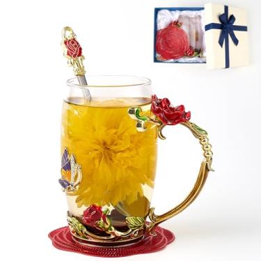 Imagem de Xícara de chá de flor, caneca de café de vidro transparente borboleta rosa com colher, caixa de presente para sua mãe, esposa, avó, meninas, amigas, dia dos namorados, Natal, aniversário, ideia de