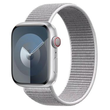Imagem de STARGOGO Pulseira trançada de nylon elástica atualizada compatível com Apple Watch série Ultra/8/7/6/5/4/3/2/1/SE, pulseira esportiva macia e elástica para Apple Watch 49/45/44/42 mm 41/40/38 mm adequada para homens e mulheres (49/45/44/42 mm L, concha do mar)